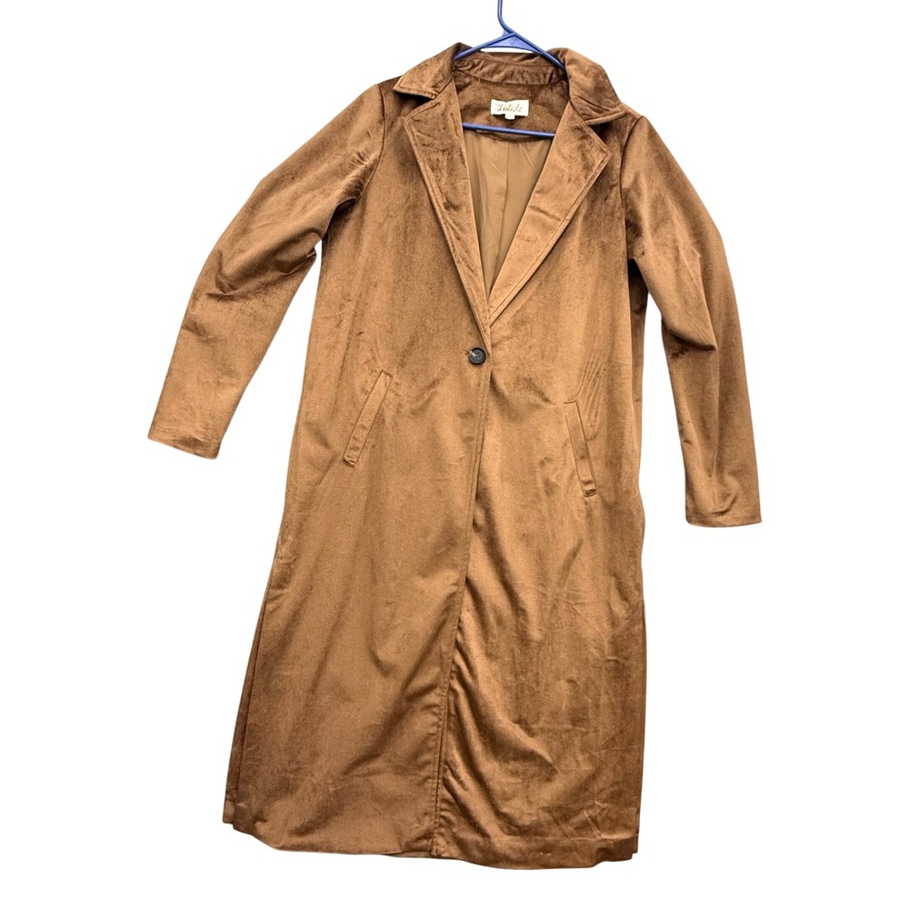 Listicle Faux Suede Long Trench Coat Camel Tan Boho Western Duster Jacket Small - Picture 3 of 14
